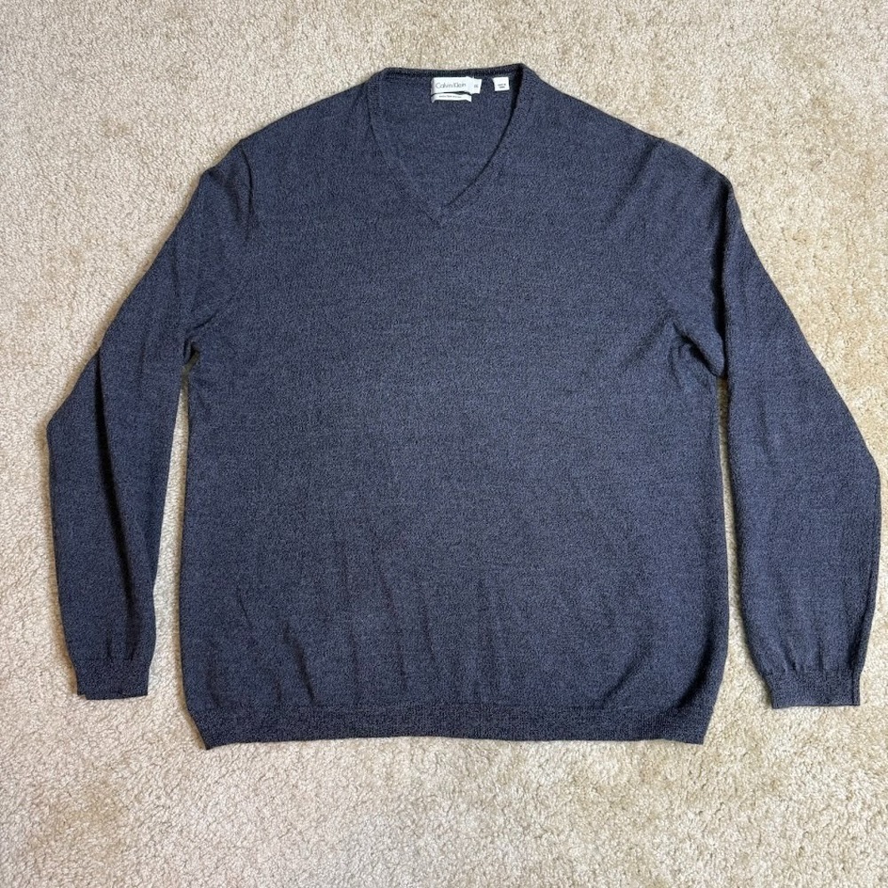 Calvin Klein Extra Fine Merino Wool Knit V-Neck Sweater Mens 2XL Charcoal Gray